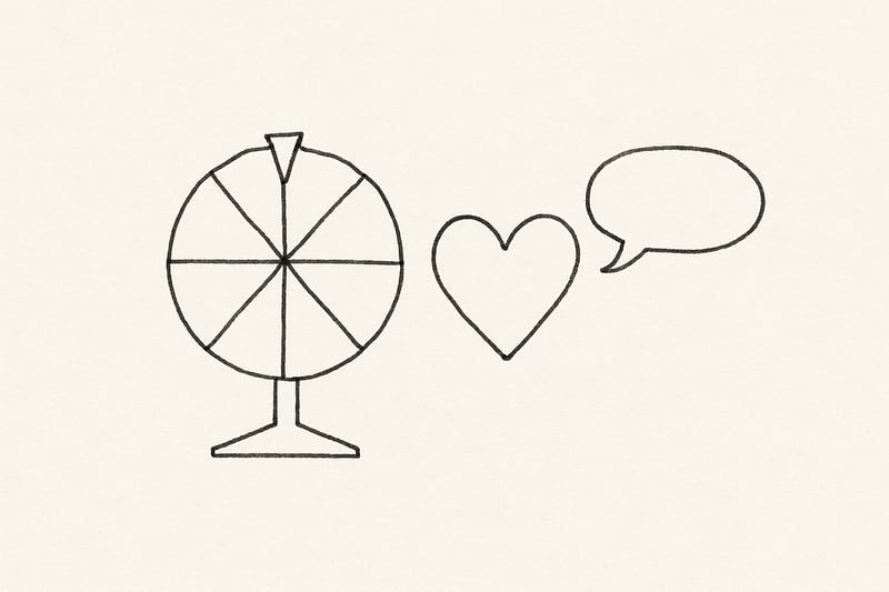 Simple line drawing of a small spinner wheel beside a heart and speech bubble, suggesting fair chance, gentle courage, and low‑stakes team practice.